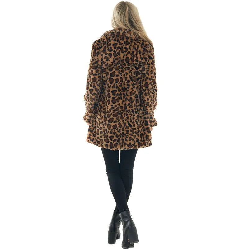 Leopard Print Faux Fur Coat with Pockets Loose and Stylish