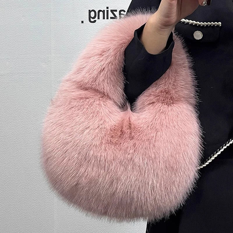 Lyxig fuskpäls axelväska för damer – mjuk plysch handväska för kvällsväska, fluffig crossbody-väska för kvinnor