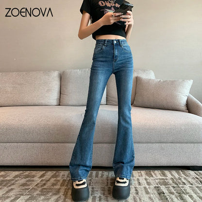 ZOENOVA Harajuku Street Casual Simple Solid Color Women's Jeans 2024 New Fashion Lady High Waist Slim VersatileMicro Flare Pants