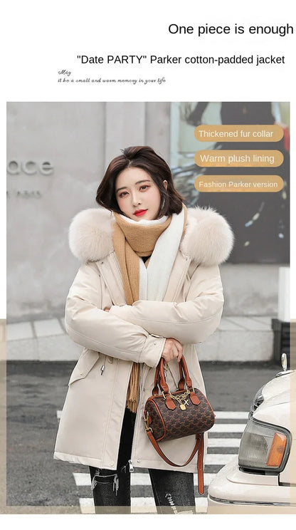 Hooded Long Parka with Wool Liner and Fur Collar Slim and Warm