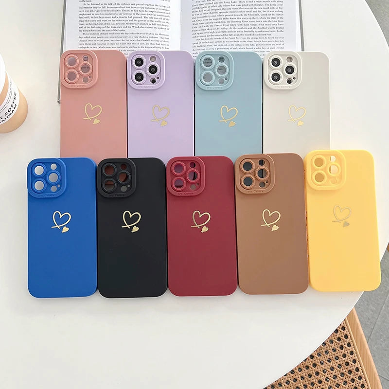 Love Heart Matte Silicone Phone Case For iPhone 11 12 13 14 15 Pro Max XS X XR 7 8 15 Plus SE 2020 Camera Lens Protection Cover