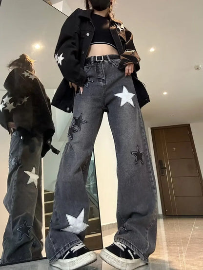 Star Print High Waist Jeans American Retro High Street Straight-leg Pants Patchwork Long Trousers Y2k Fashion Streetwear Baggy