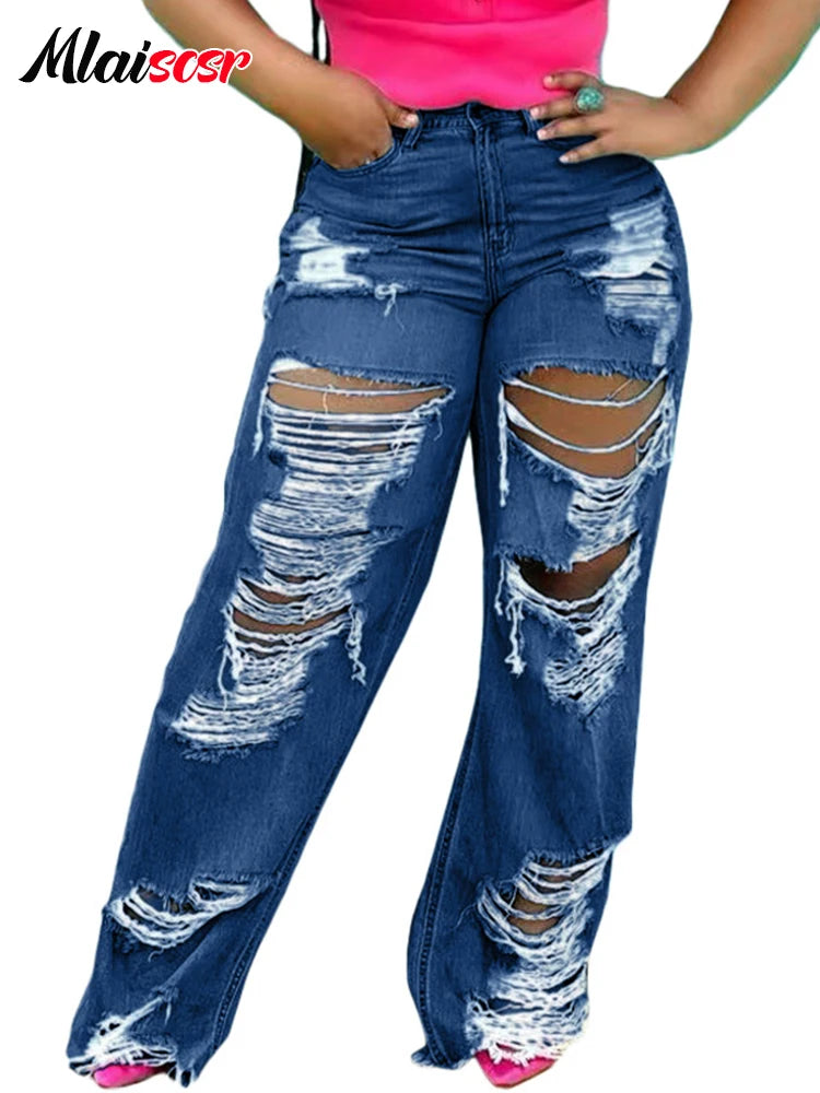 Mlaiscsr Sexy Hole Ripped Straight Jeans Women Button Pocket Loose Blue Denim Wide Leg Pants Trousers Streetwear Birthda Bottoms