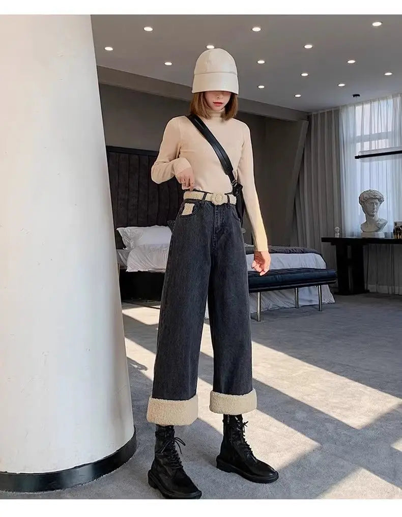 Lamb Wool Wide Leg Jeans for Women Fluffy Autumn and Winter New Styles Internet Famous Outfit Cropped Straight Leg Pants Trendy