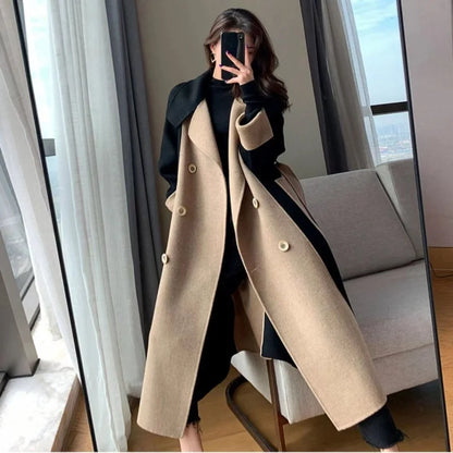 Elegant Long Cashmere Blend Overcoat with Slim Sashes