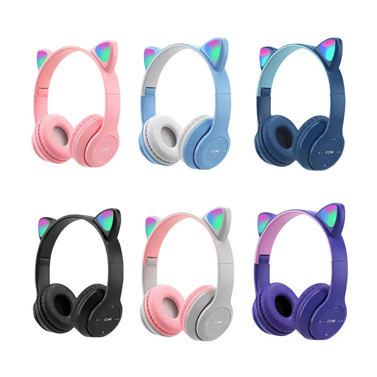 Söta Cat Ear-hörlurar med RGB LED-ljus Trådlöst Headset Barn Flickor Stereo Telefon Musik Bluetooth Headset PC Gamer Present