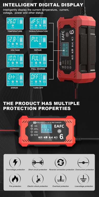 Car Battery Charger 6A 12V Car and Motorcycle Battery Charging Device Lead-acid Battery Smart Repair LCD Display