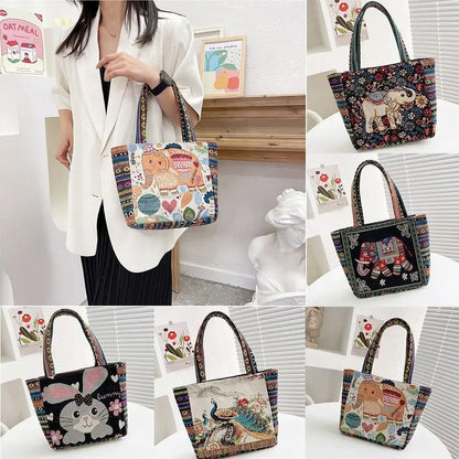 Fashion Women's Canvas Handbag - Animal Ethnic Style Embroidered Tote Bag with Elephant, Peacock, and Rabbit Designs