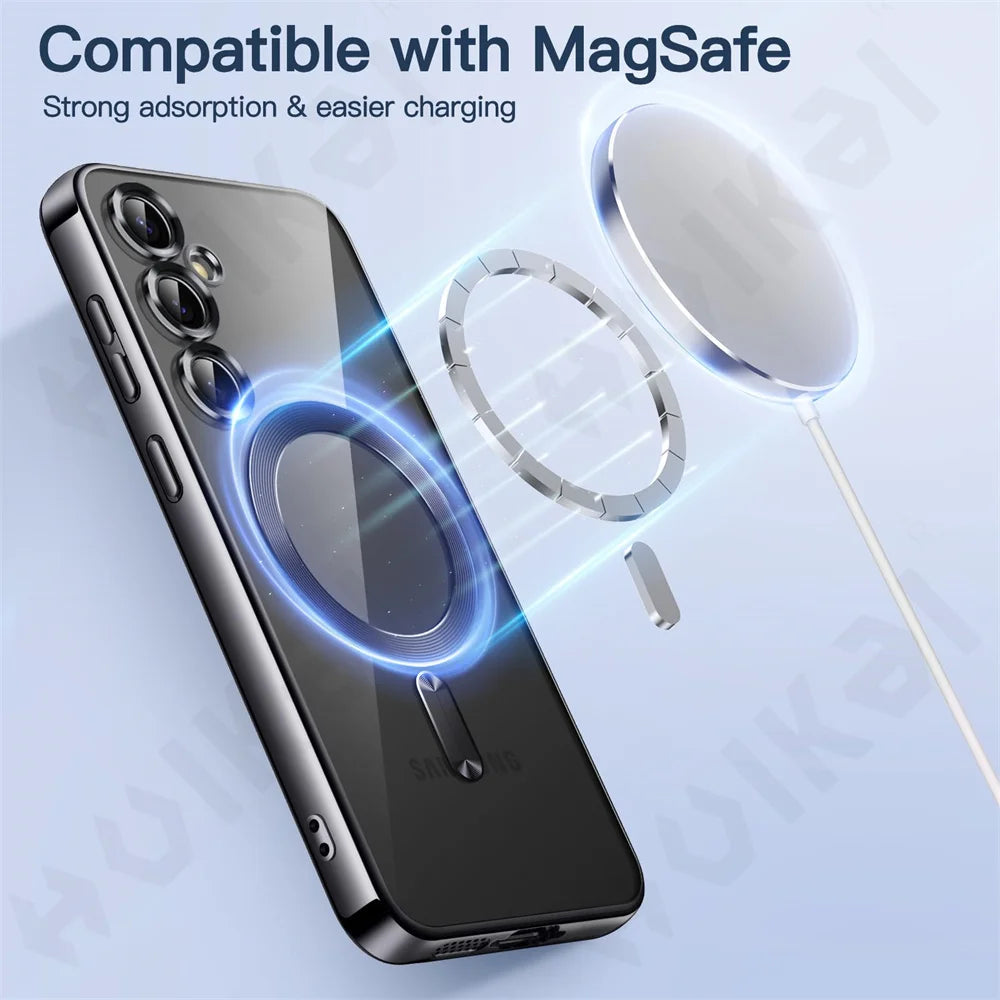 Magsafe Case For Samsung S25 S24 FE S23 S22 Ultra Plus Note 20 – Clear Silicone Full Camera Crystal Magnetic Car Cover Protection