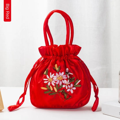 Small Women's Bucket Bag – Top Handle Ladies Handbag, Summer Purse with National Style Embroidered Flower Pattern and Drawstring Closure