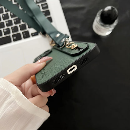 Luxury Litchi Leather Phone Case with Wrist Strap, Stand, and Crossbody Cord for iPhone