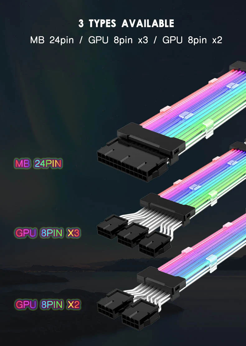 ARGB PSU Strömförsörjningsförlängningskabel 24-stifts moderkortsförlängningskabel grafikkort 8-stifts 6+2-stifts RGB-glödförlängningskabel