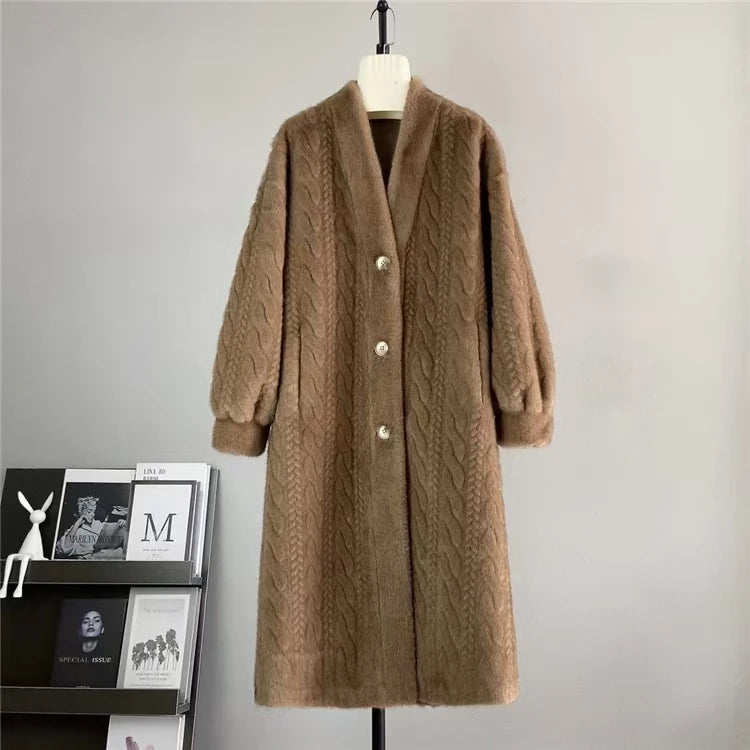 Thickened Faux Fur Mink Cardigan with V-Neck and Buttons Loose and Simple