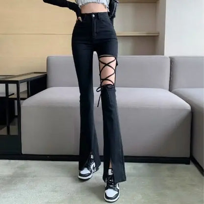 Flared Pants for Women Leggings Skinny Ripped Sexy Vintage Denim Women's Summer Trousers Bell Bottom Jeans Woman Black Trend Hot