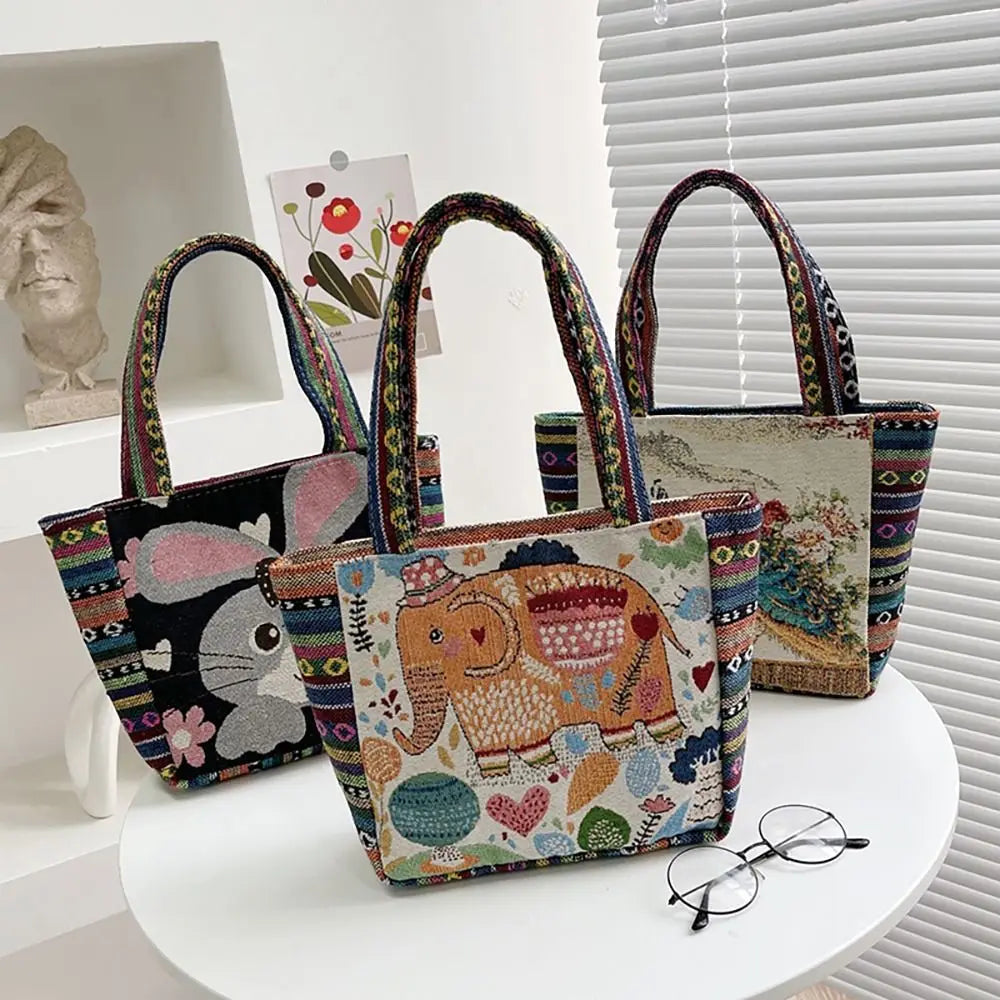 Fashion Women's Canvas Handbag - Animal Ethnic Style Embroidered Tote Bag with Elephant, Peacock, and Rabbit Designs