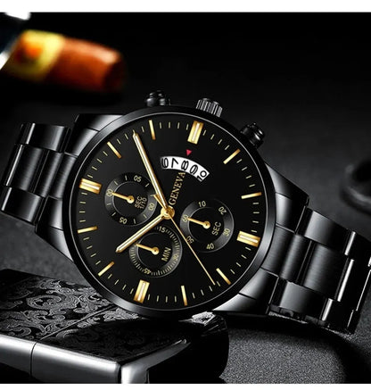 Fashion Men Black Stainless Steel Watch Luxury Calendar Quartz Wrist Watch Mens Business Watches for Man Clock Relogio Masculino