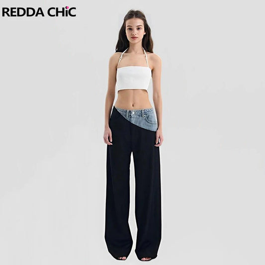 ReddaChic färgblock jeansbyxor med vida ben Kvinnor Kreativt lapptäcke Casual Hög midja Hiphop Baggy Jeans Vintage Y2k Streetwear