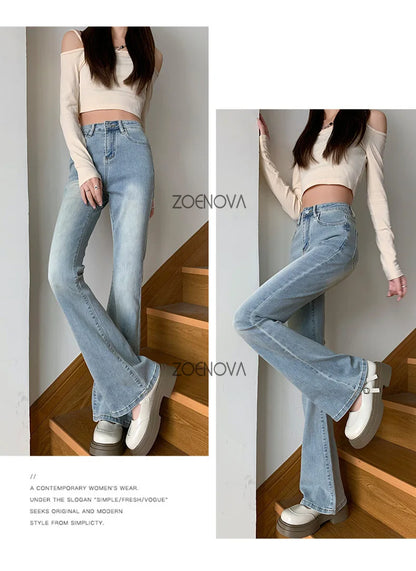 ZOENOVA Harajuku Street Casual Simple Solid Color Women's Jeans 2024 New Fashion Lady High Waist Slim VersatileMicro Flare Pants