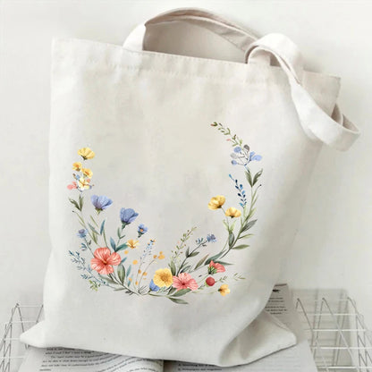 Boho Wildflowers Pattern Canvas Tote Bag – Retro Graphics Återanvändbar shoppingväska för kvinnor, snygg handväska i tyg för dagligt bruk