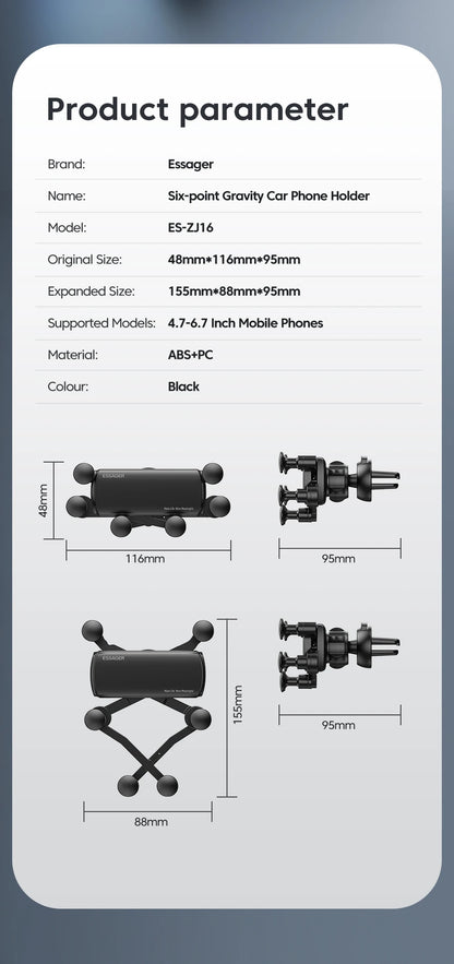 Universal 6-punkts vikbar gravity biltelefonhållare med luftventilklämma
