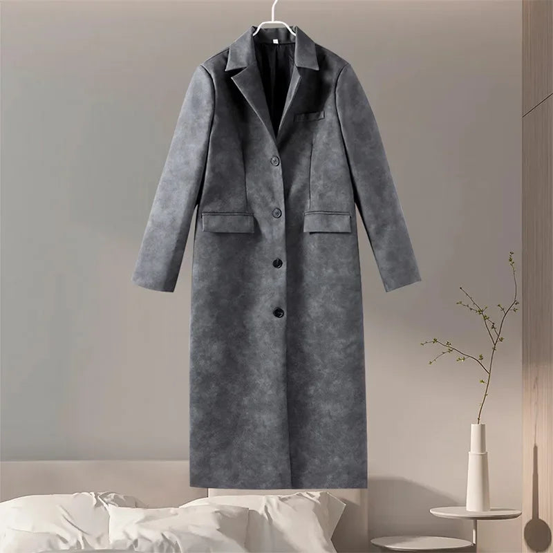 Women's Grey Leather Long Coat with Turndown Collar