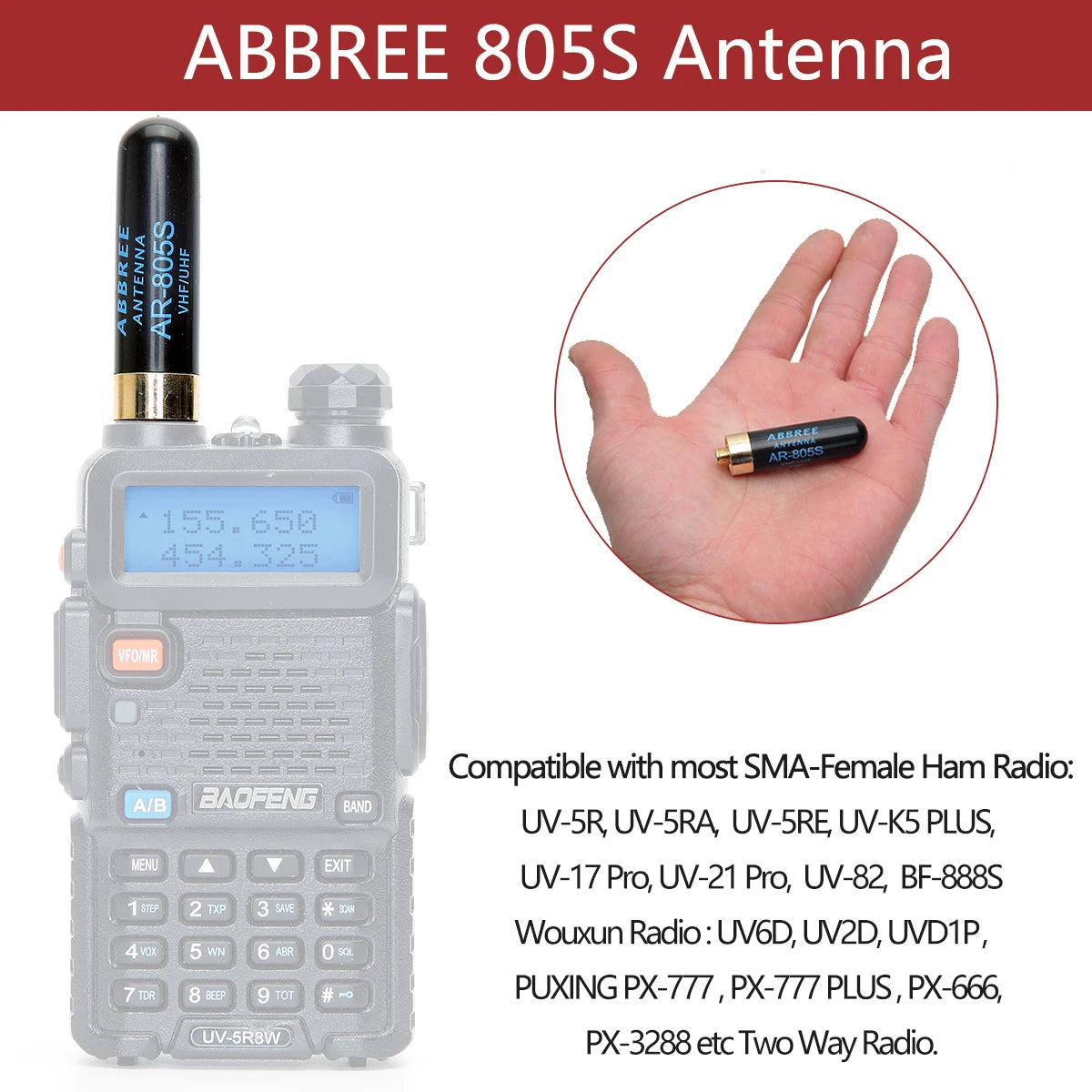 ABBREE Mini Walkie Talkie Antenn AR-805S SMA- Kvinnlig Dual Band High Gain Antenn för Baofeng BF-888S UV-5R UV-21 PRO Skinka Radio