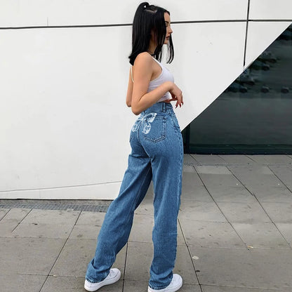 High Waist Wide Leg Denim Pants with Butterfly Design and Streetwear Style