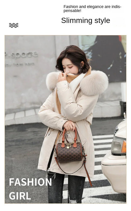 Hooded Long Parka with Wool Liner and Fur Collar Slim and Warm