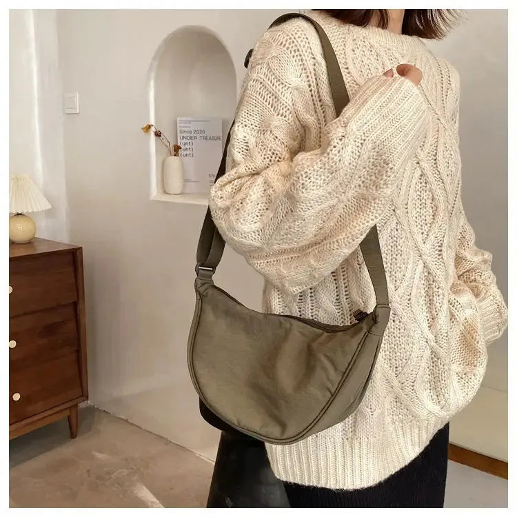 Solid Color Chest Bag for Women – Large Capacity Travel Crossbody Female Half Moon Bag, Ladies Daily Cotton-Filled Shoulder Bag.