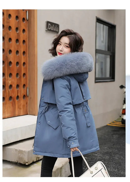 Hooded Long Parka with Wool Liner and Fur Collar Slim and Warm