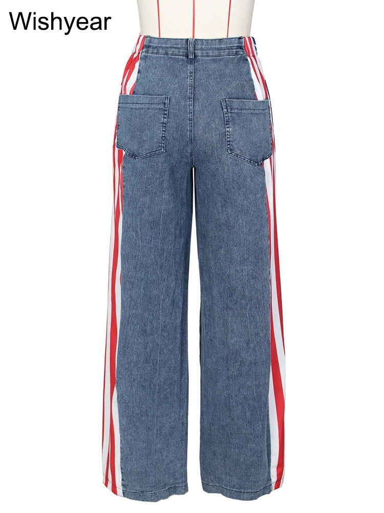 Wide Leg Baggy Jeans with High Waist and Stripe Patchwork Design