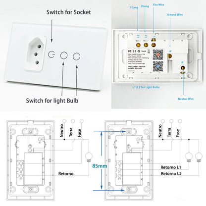 Melery Tuya Wifi Smart Brazil Ljusbrytare Vägguttag Stickkontakt Uttag Touch Sensor Glaspanel Fjärrkontroll från Alexa Dot Google Home