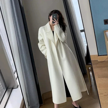 Women's White Midi Wool Blend Coat with Lace Up Design