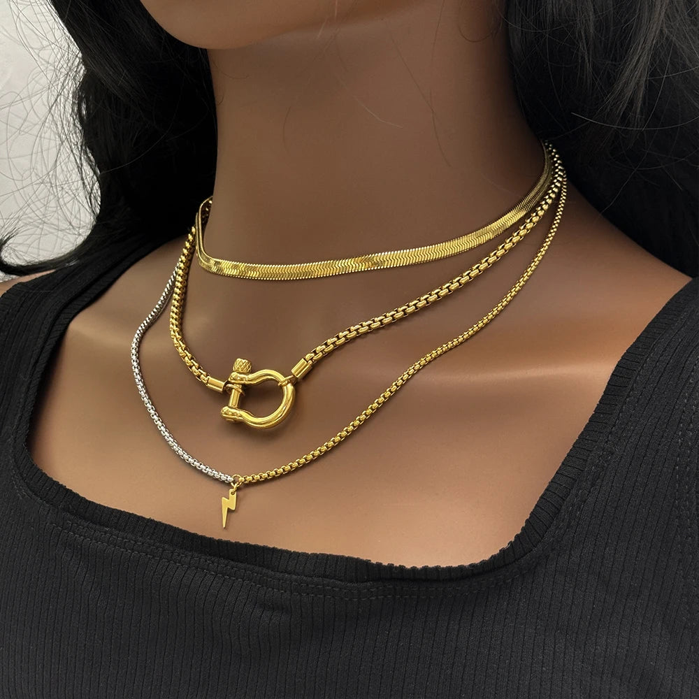 Waterproof Jewelry 18K Gold Plated Stainless Steel Box Chain Choker Necklace  Double Color Chunky Horseshoe Necklace for women