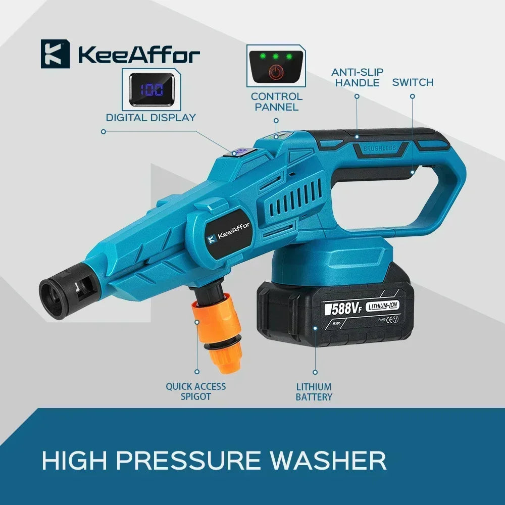 KEEAFFOR 250Bar 3500W Brushless High Pressure Water Gun 6-in 1 Cordless Rechargeable Car Washing Gun for Makita 18V Battery