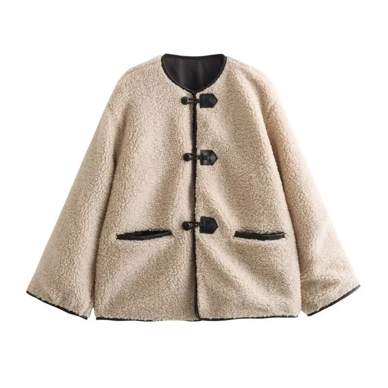 Retro Faux Wool Jacket with O-Neck and Double Pockets Casual and Chic