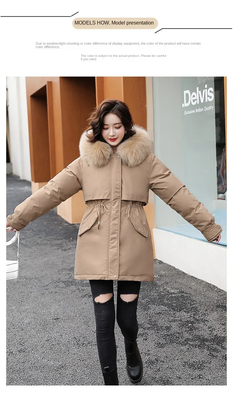 Hooded Long Parka with Wool Liner and Fur Collar Slim and Warm