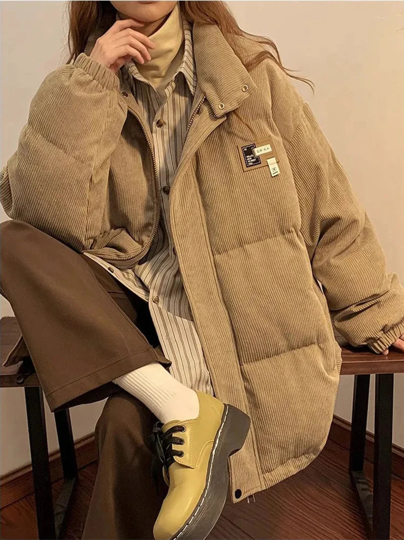 Överdimensionerad Corduroy Puffer Coat med fickor Varm och Retro Y2K Style