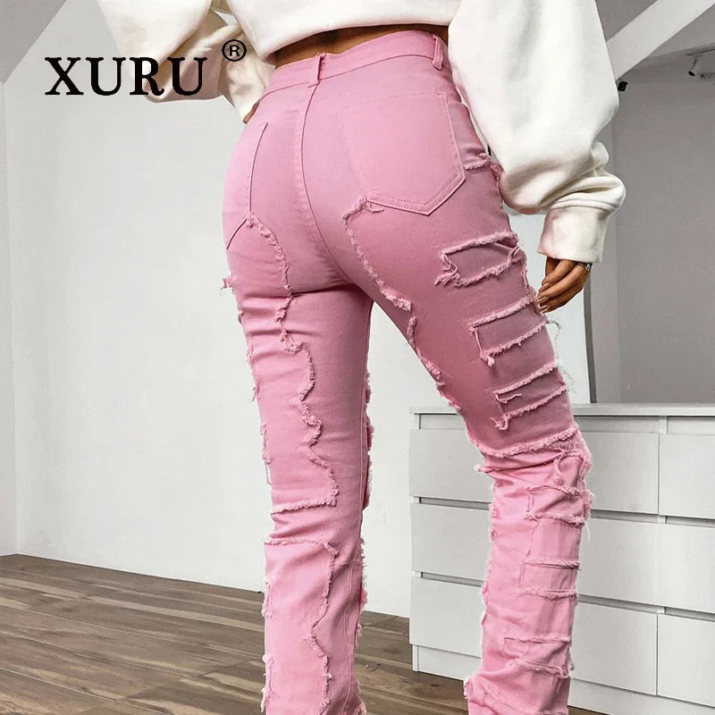 XURU-Elastic Patch Jeans for Women, Tear Layered, Straight Leg, European and American Wear, K16-CK3018, New