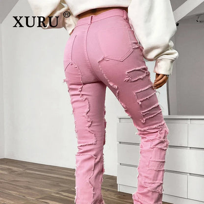 XURU-jeans med elastisk patch för kvinnor, slitstarka, raka ben, europeisk och amerikansk klädsel, K16-CK3018, ny