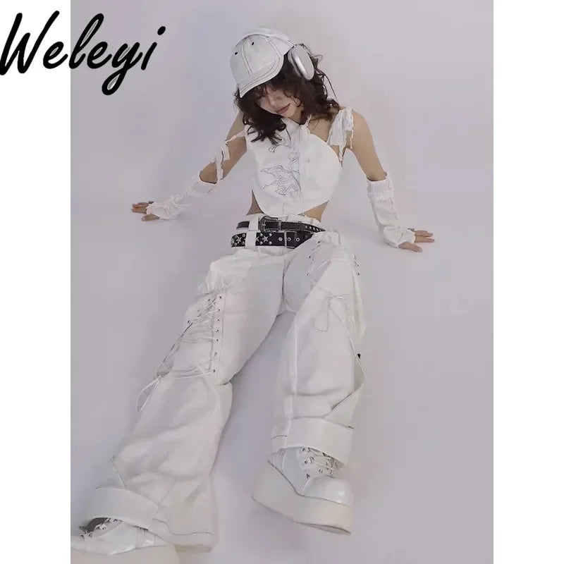 Y2K Low Waist White Jeans with Bandage Detail and Baggy Fit