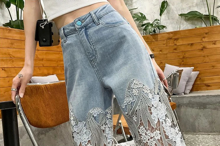 Pants for Woman and Capris Straight Leg with Rhinestones Transparent Women's Jeans Lace Grunge Y2k Spring Pant Vintage Trousers