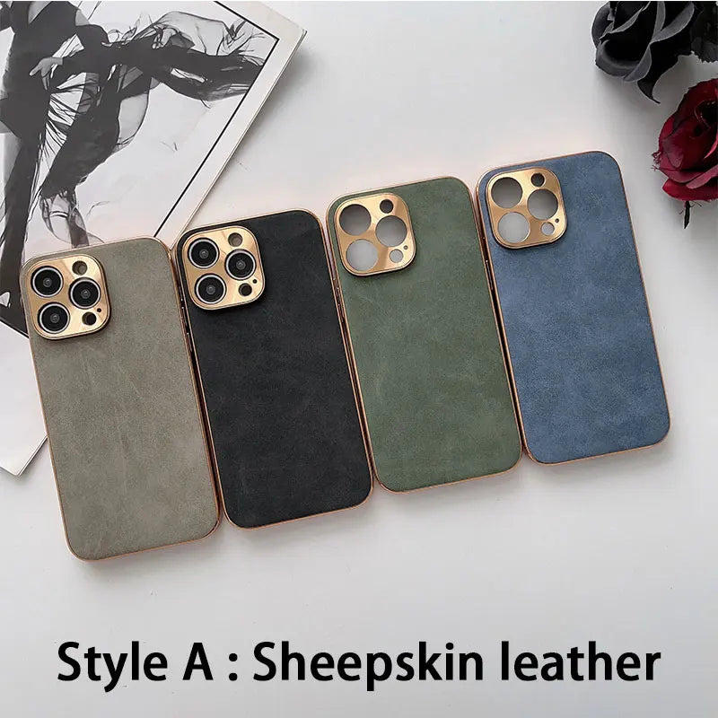 Leather Phone Case for iPhone Pro Max with Electroplated Frame Lambskin Shell For iPhone Models