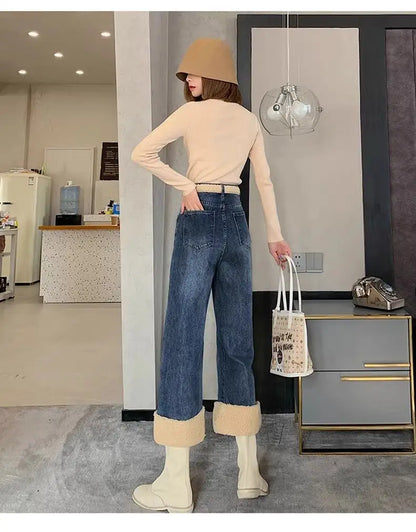 Lammull Jeans med vida ben för kvinnor Fluffiga höst och vinter Nya stilar Internet Berömda outfit Beskurna byxor med raka ben Trendigt