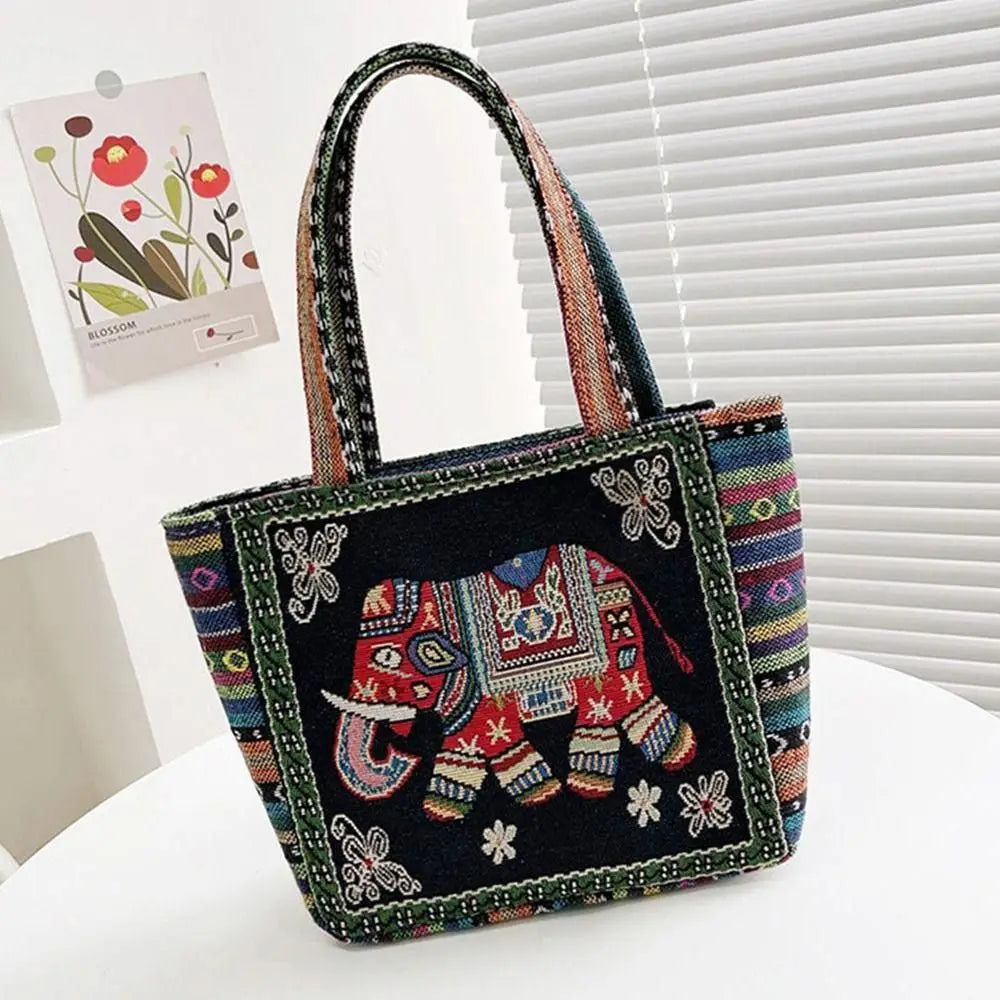 Fashion Women's Canvas Handbag - Animal Ethnic Style Embroidered Tote Bag with Elephant, Peacock, and Rabbit Designs