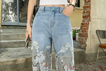 Pants for Woman and Capris Straight Leg with Rhinestones Transparent Women's Jeans Lace Grunge Y2k Spring Pant Vintage Trousers