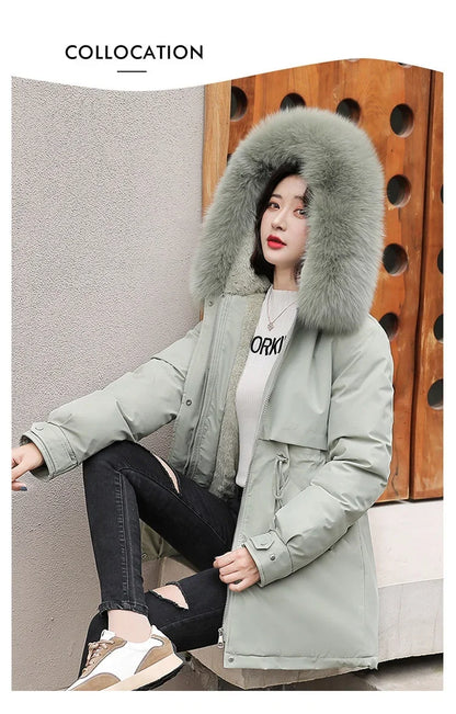 Hooded Long Parka with Wool Liner and Fur Collar Slim and Warm