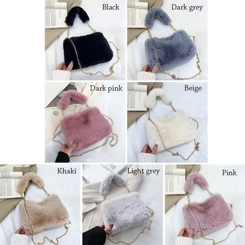 Fashion Women Fluffy Shoulder Bag – Winter Chain Underarm Bag med mjukt plyschhandtag