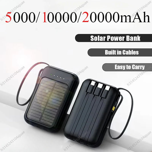 5000/10000/20000mAh High Capacity Solar Power Bank with Built-in Cables and LED Light