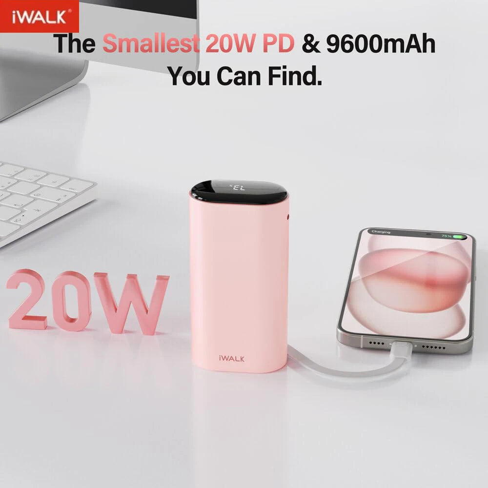 iWALK 9600mAh bärbar laddare med 20W snabbladdning och inbyggd USB C-kabel